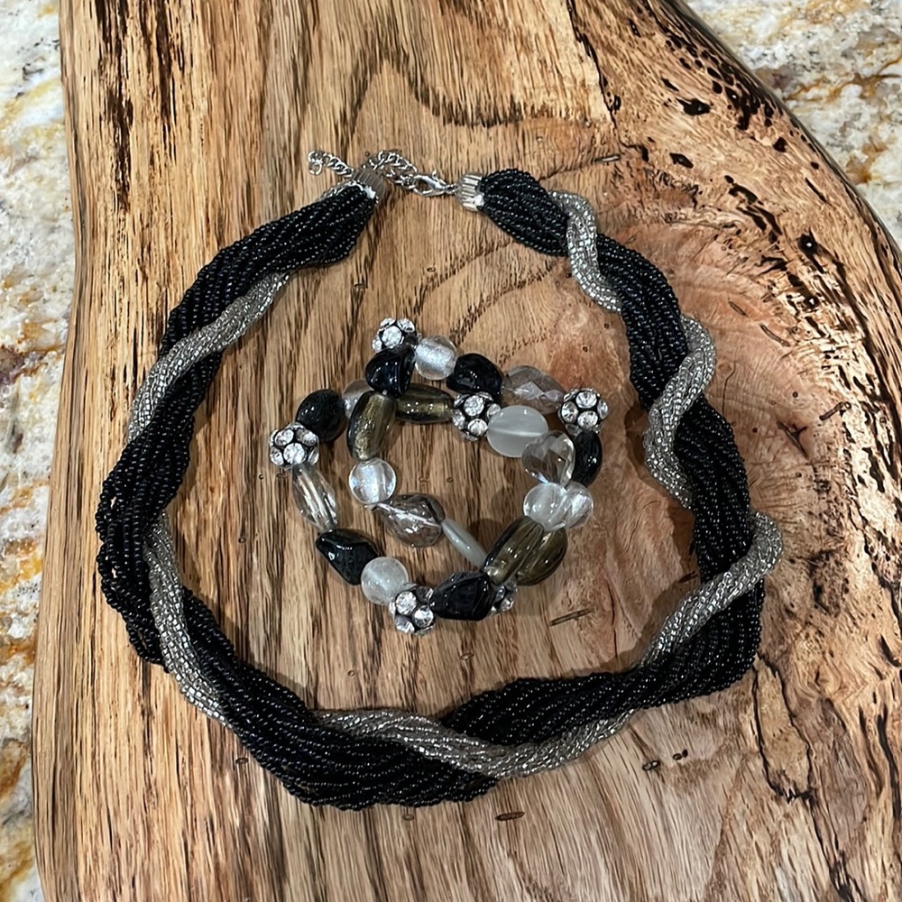 Combo black and silver beaded necklace and bracelet
